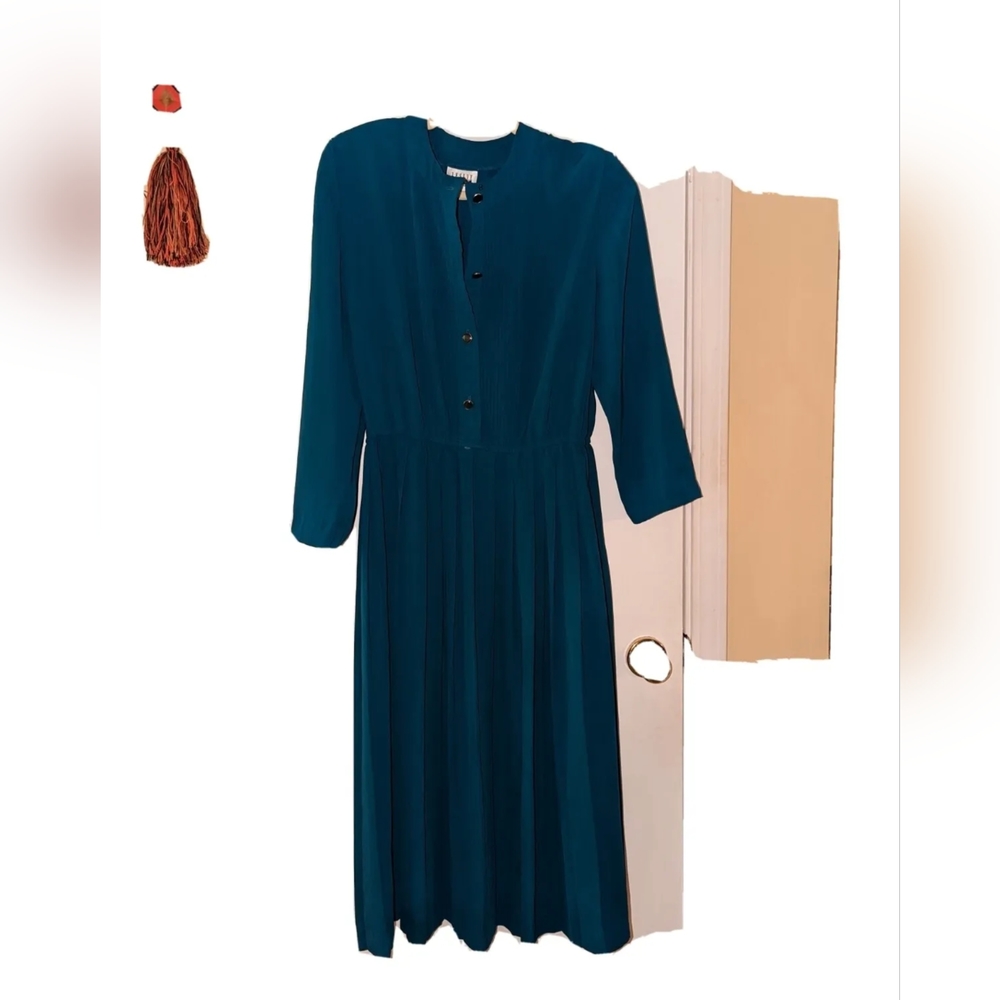 Vintage 80s Teal Leslie Fay Pleated Quarter Sleeve Midi Dress Size 14